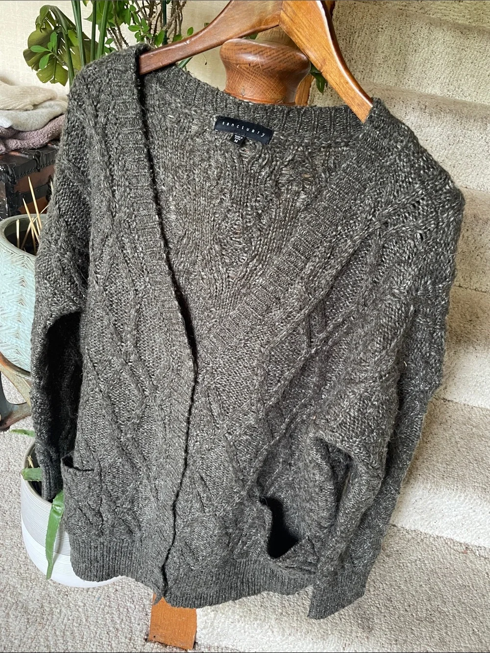 Sanctuary Dark Chunky Oversized Alpaca Wool Cable Knit OpenFront cardigan